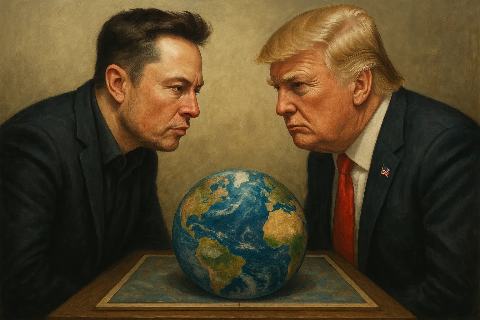 Trump and Musk facing each other across a globe, symbolizing their power struggle